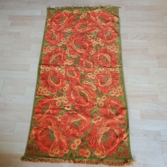 VTG MCM Fieldcrest Poppies Towel Flower Power Orange Green Fringe Cotton 51x25" - Picture 7 of 7